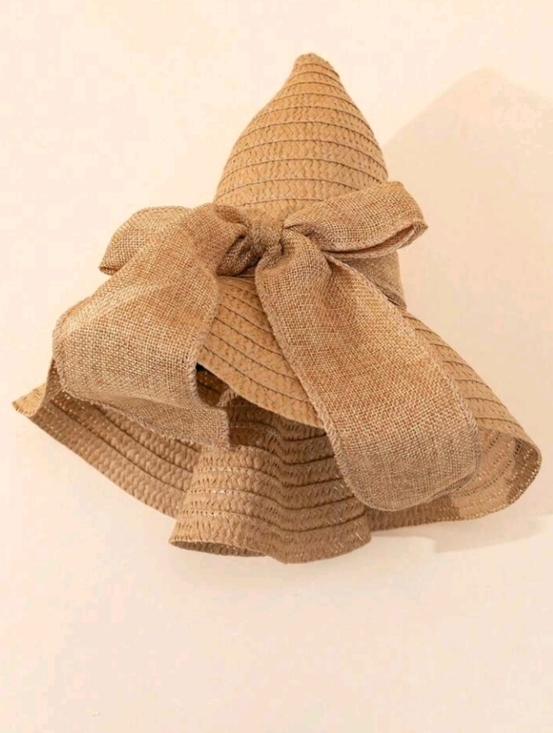 Khaki Raffia Woven Wide Brim Foldable Sun Hat with Bow main image 4